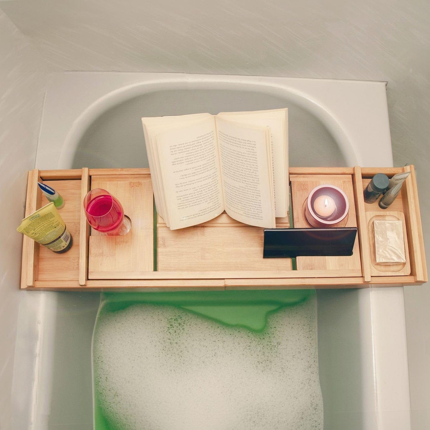Intirilife Tablette De Bain Extensible En Bambou -73-111 X 23 X 4.5Cm- Support Réglable- Bathtub Tray Avec Porte-Savon,Support Pour Livre Bougie Verre De Vin Tablette Téléphone Tablette De Bain Bois