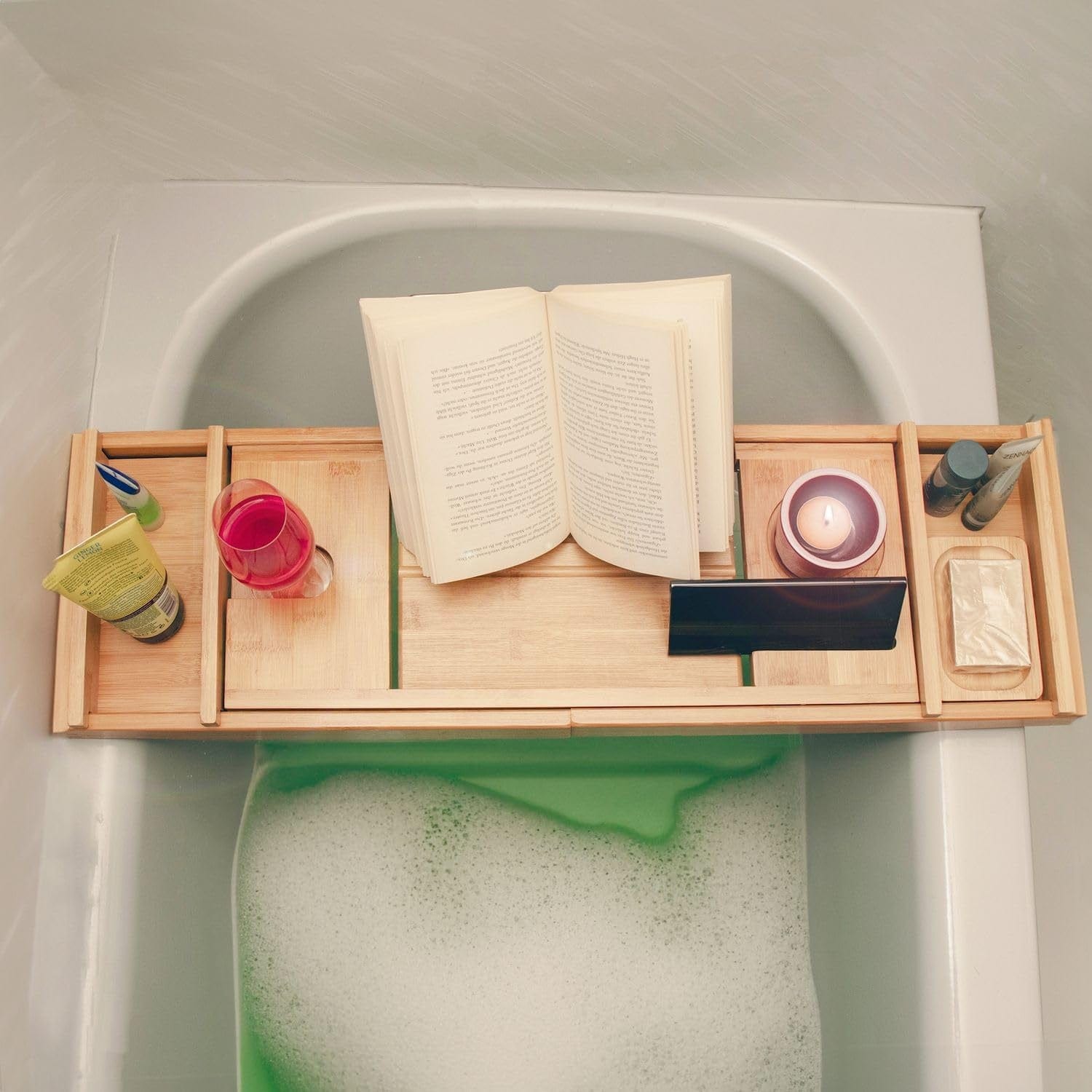 Intirilife Tablette De Bain Extensible En Bambou -73-111 X 23 X 4.5Cm- Support Réglable- Bathtub Tray Avec Porte-Savon,Support Pour Livre Bougie Verre De Vin Tablette Téléphone Tablette De Bain Bois