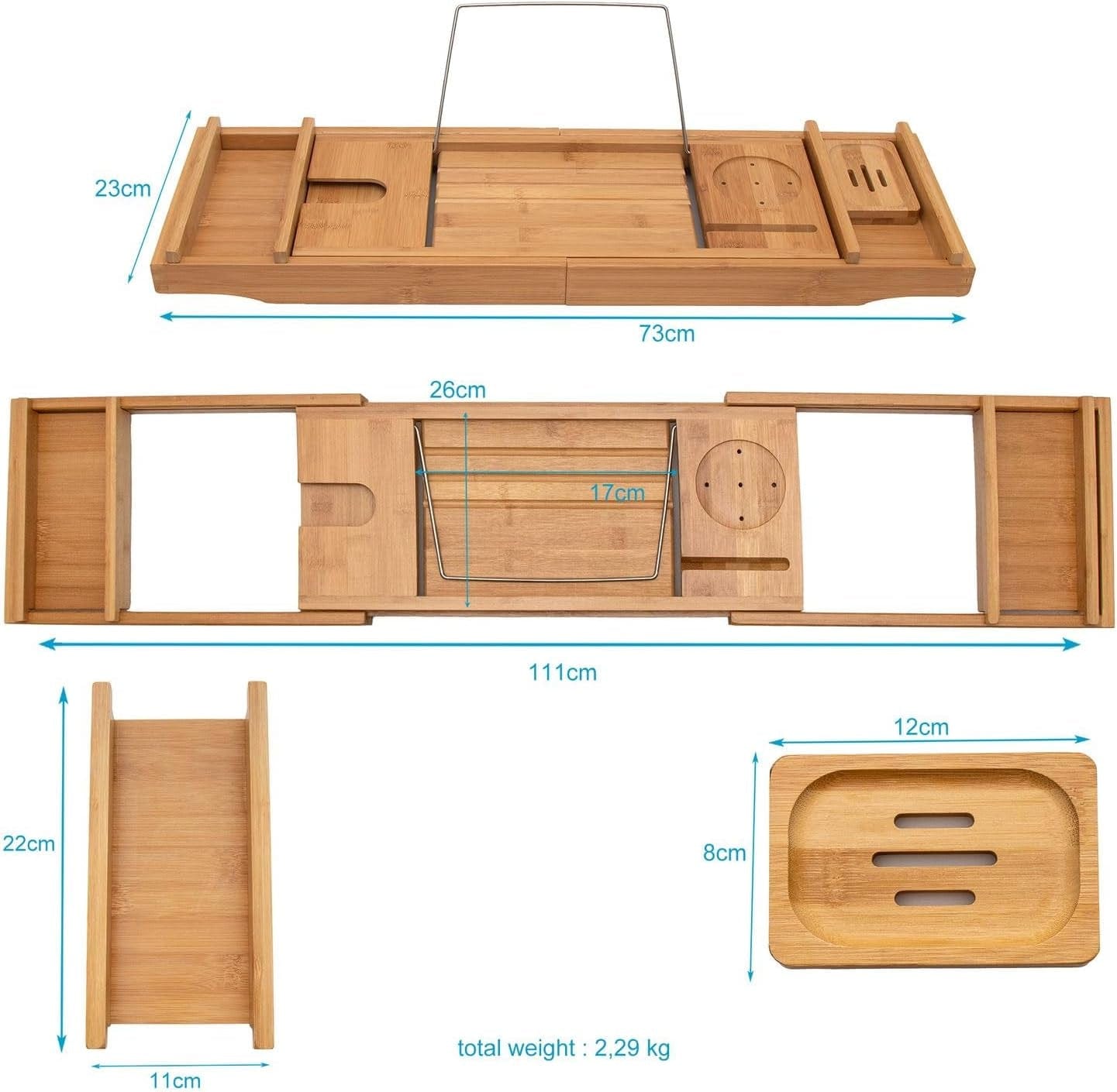 Intirilife Tablette De Bain Extensible En Bambou -73-111 X 23 X 4.5Cm- Support Réglable- Bathtub Tray Avec Porte-Savon,Support Pour Livre Bougie Verre De Vin Tablette Téléphone Tablette De Bain Bois