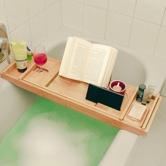 Intirilife Tablette De Bain Extensible En Bambou -73-111 X 23 X 4.5Cm- Support Réglable- Bathtub Tray Avec Porte-Savon,Support Pour Livre Bougie Verre De Vin Tablette Téléphone Tablette De Bain Bois