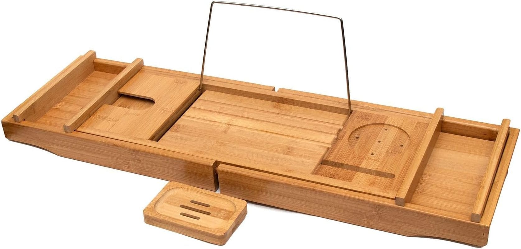 Intirilife Tablette De Bain Extensible En Bambou -73-111 X 23 X 4.5Cm- Support Réglable- Bathtub Tray Avec Porte-Savon,Support Pour Livre Bougie Verre De Vin Tablette Téléphone Tablette De Bain Bois